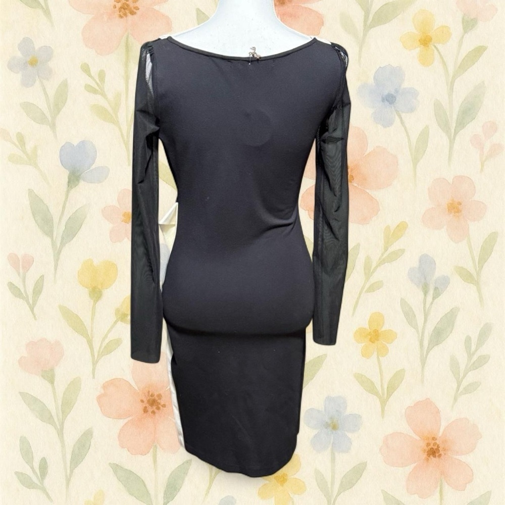 Eva Franco Simone Dress Black Cream Colorblock Mesh Sleeve Bodycon 6 - Picture 4 of 6